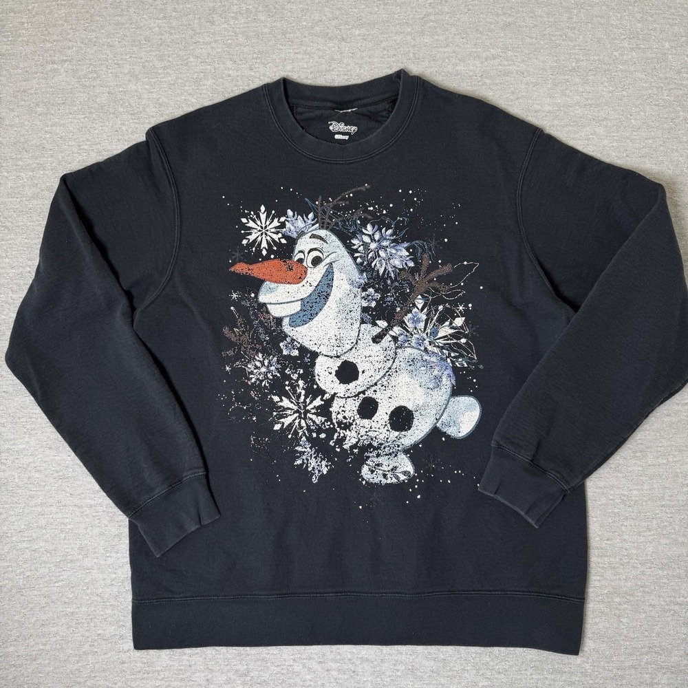 Disney Mens Pullover Sweatshirt Large Frozen Olaf Snowman Black Crewneck Graphic